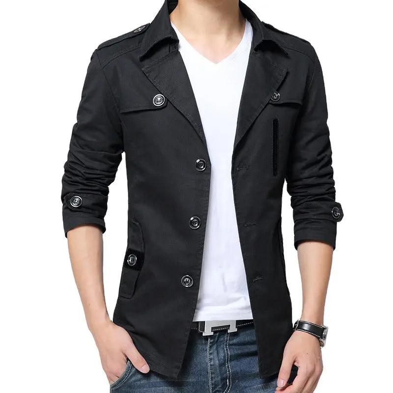 Cotton Washed Men's Trench Coat Mid-length Lapel Jacket - keithfowlerclothing