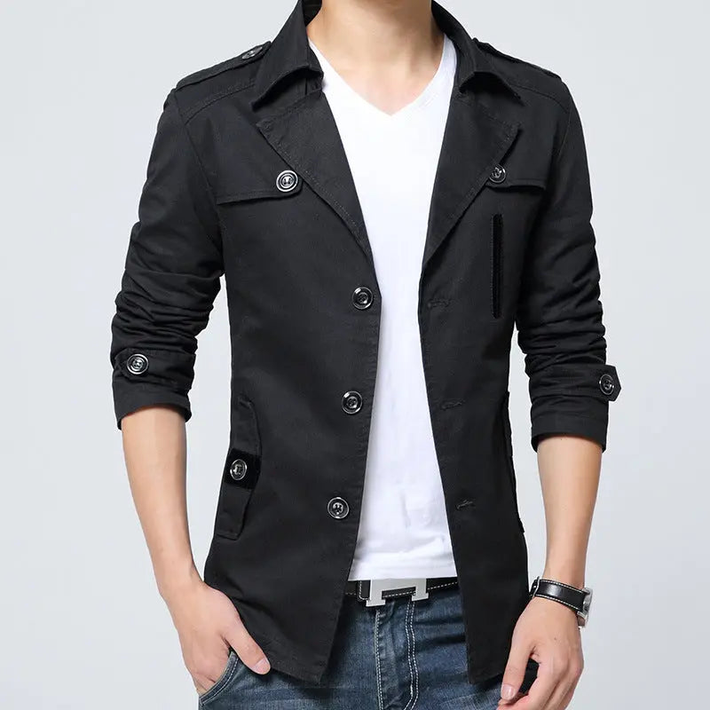 Cotton Washed Men's Trench Coat Mid-length Lapel Jacket - keithfowlerclothing