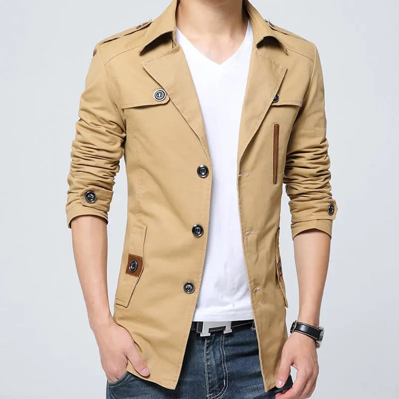 Cotton Washed Men's Trench Coat Mid-length Lapel Jacket - keithfowlerclothing