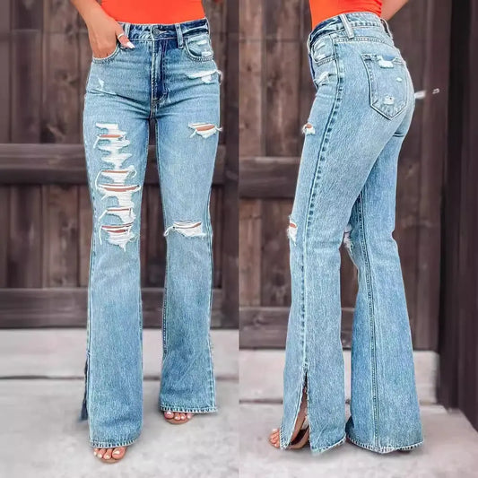 Ladies Jeans High Waist Ripped Slightly Stretch Split Trousers - keithfowlerclothing