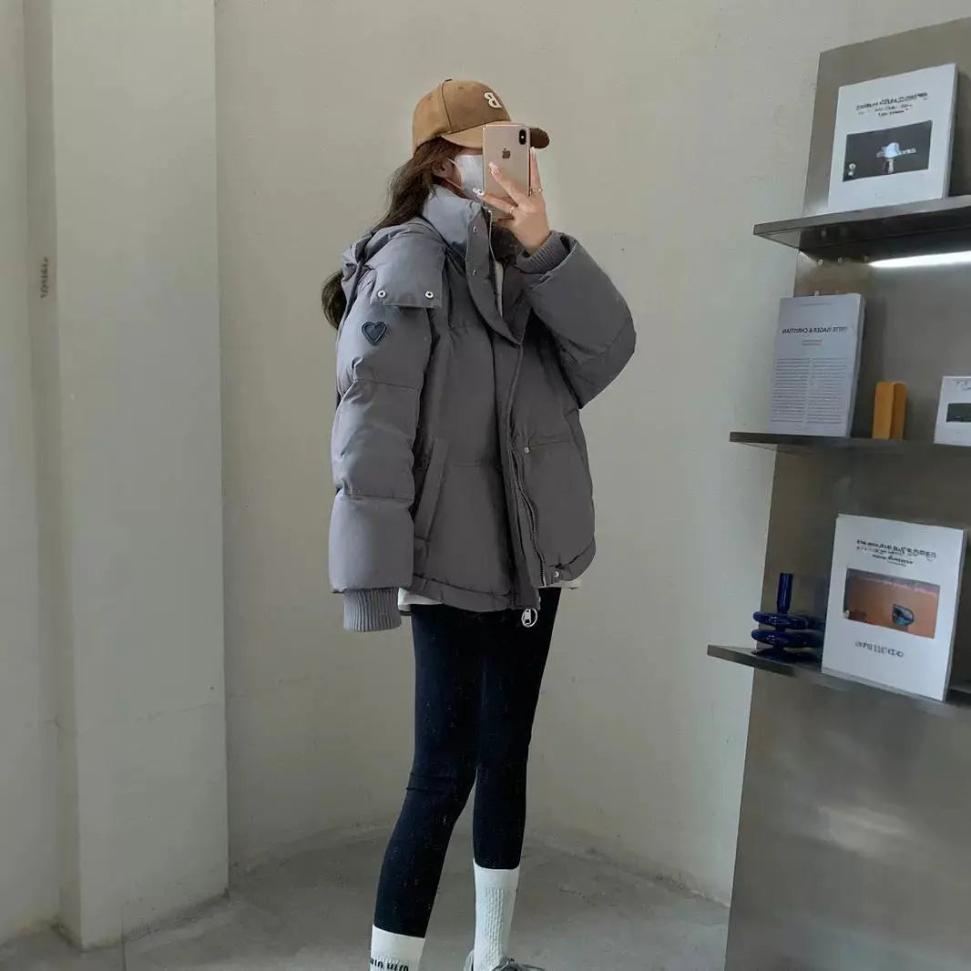 Gray With Heart Short Down Jacket Plus Size Women's Bread Coat - keithfowlerclothing