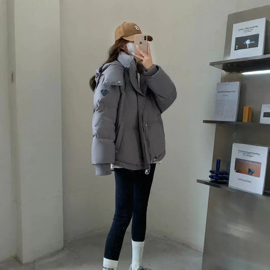 Gray With Heart Short Down Jacket Plus Size Women's Bread Coat - keithfowlerclothing