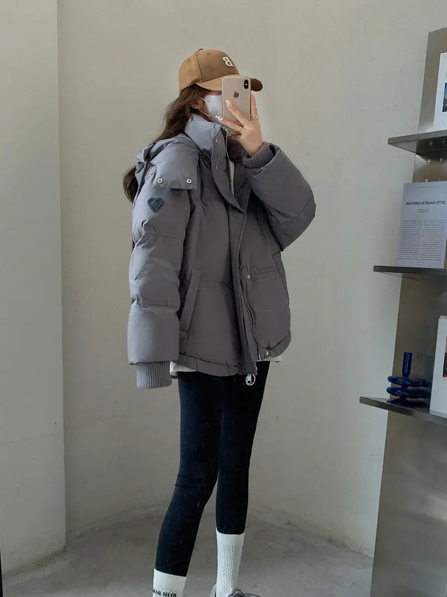 Gray With Heart Short Down Jacket Plus Size Women's Bread Coat - keithfowlerclothing