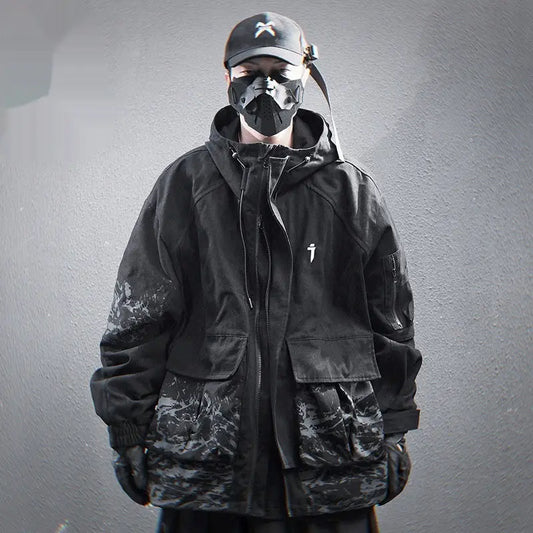 Large Pocket Inkjet Printing Hooded Jacket Men's Coat - keithfowlerclothing
