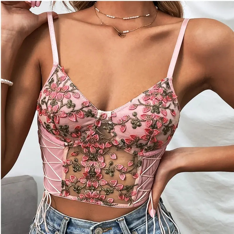 Ladies Embroidered Flower Lace-Up Tank Top - keithfowlerclothing