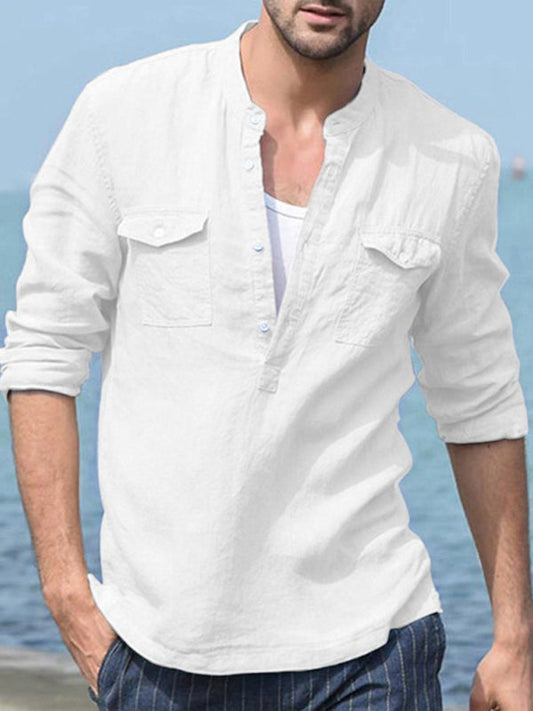Men's Solid Color Cotton Linen Pocket Shirt - keithfowlerclothing