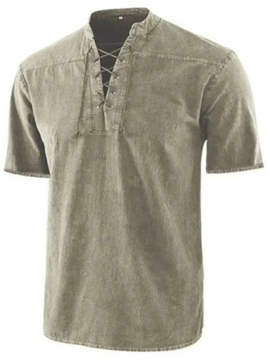 Men's Woven Retro Lace Up Collar Casual Short Sleeve Shirt - keithfowlerclothing