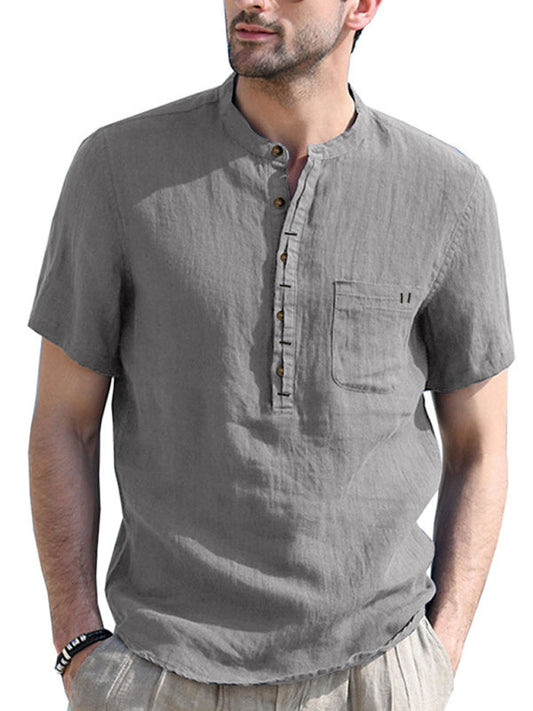 Men's woven solid color short-sleeved cotton and linen shirt - keithfowlerclothing