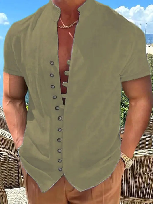 New Vintage Button Stand Collar Short Sleeve Shirt - keithfowlerclothing