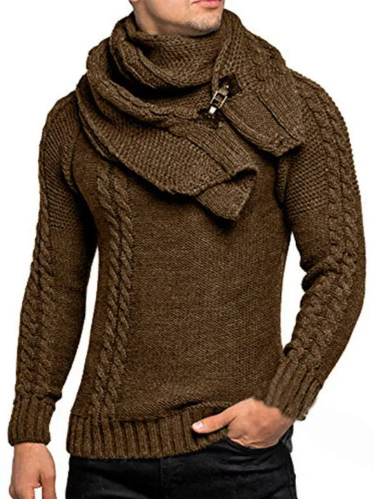 Men's fashionable scarf pullover solid color twist knitted sweater top - keithfowlerclothing