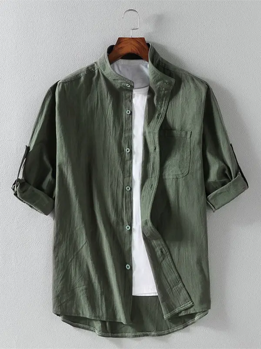 Men's casual solid color stand collar short sleeve shirt - keithfowlerclothing