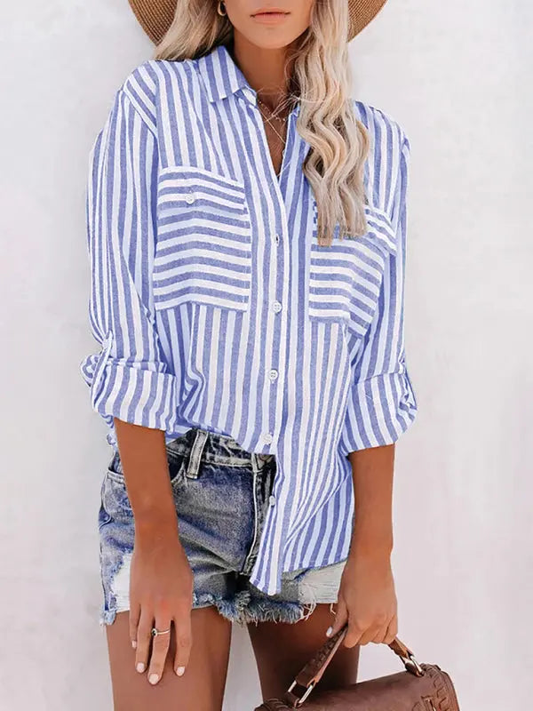Linen Cotton Water Stripe Long Sleeve Shirt for Women - keithfowlerclothing