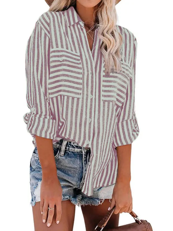 Linen Cotton Water Stripe Long Sleeve Shirt for Women - keithfowlerclothing