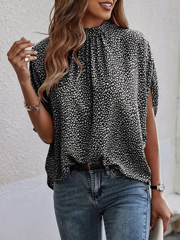 Printed Slit Dolman Sleeve Turtleneck Top for Women - keithfowlerclothing