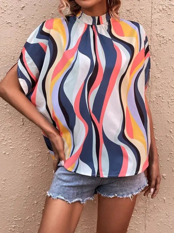 Printed Slit Dolman Sleeve Turtleneck Top for Women - keithfowlerclothing
