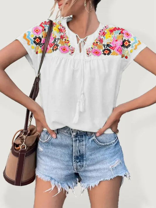 Embroidered Tassel Tie Batwing Sleeve Shirt - keithfowlerclothing