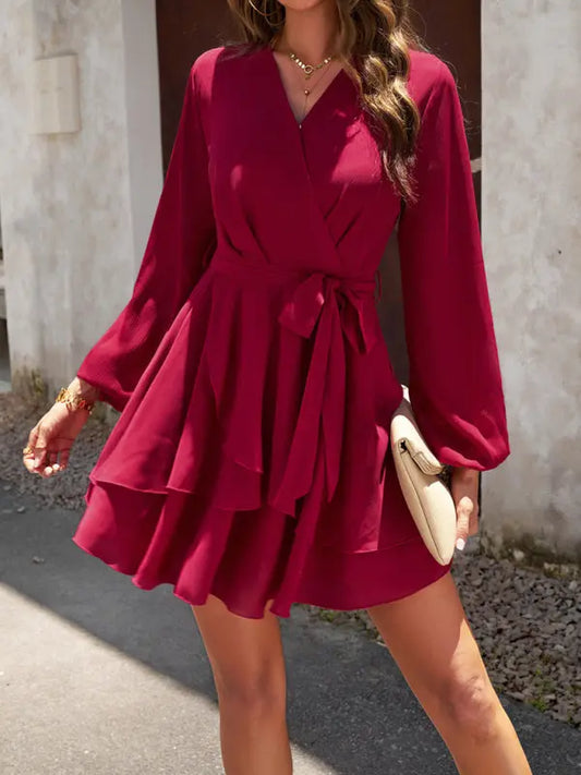 V-neck elegant long-sleeved multi-layered dress - keithfowlerclothing