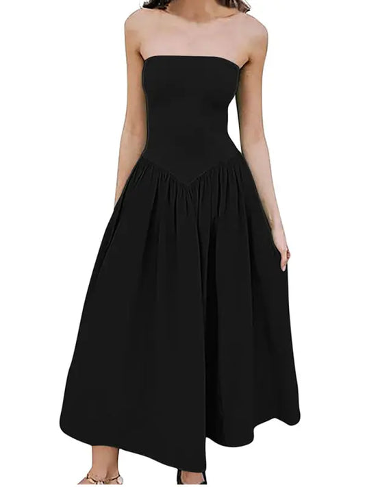 Solid color tube top elegant waist pleated pocket long dress - keithfowlerclothing