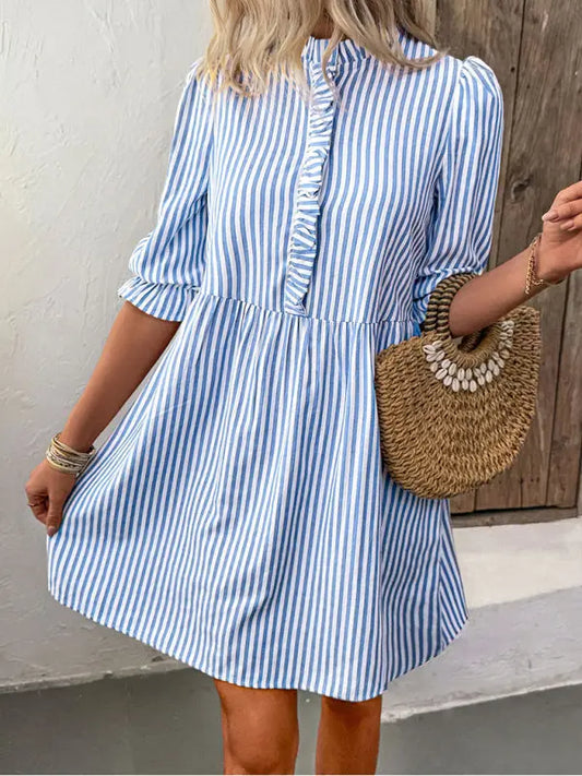 Puff Sleeve Stand Collar Striped Dress - keithfowlerclothing