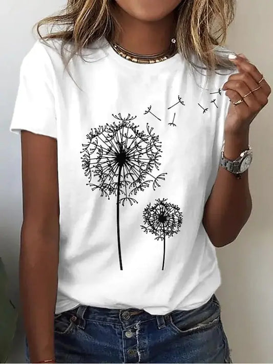 Women's Casual Dandelion Print Knit T-Shirt - keithfowlerclothing